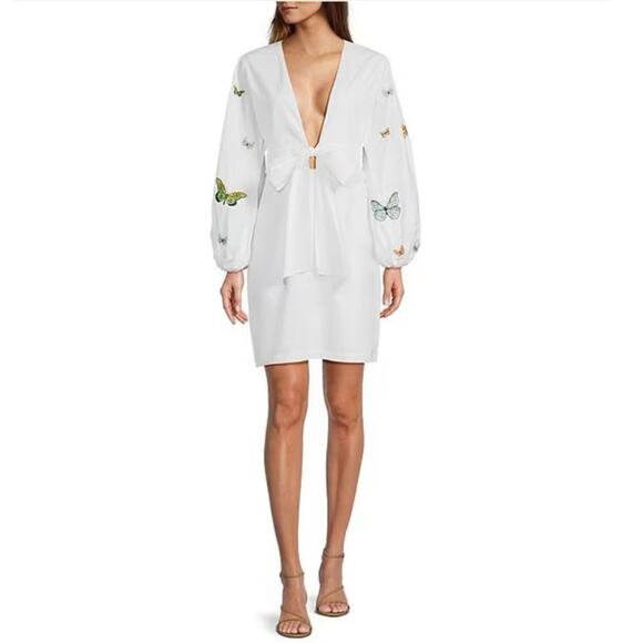 Fanm Mon Larson Embroidered Long Sleeve V Neck Mini Dress Butterfly Size Large - Picture 3 of 10